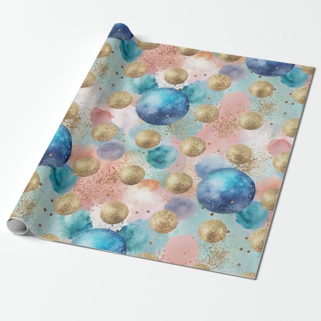 Gold & Blue Circle Pattern with Glitter Accents Wrapping Paper (Unrolled)