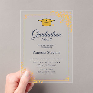 Gold Blue Classic Graduation Cap Party  Acrylic Invitations