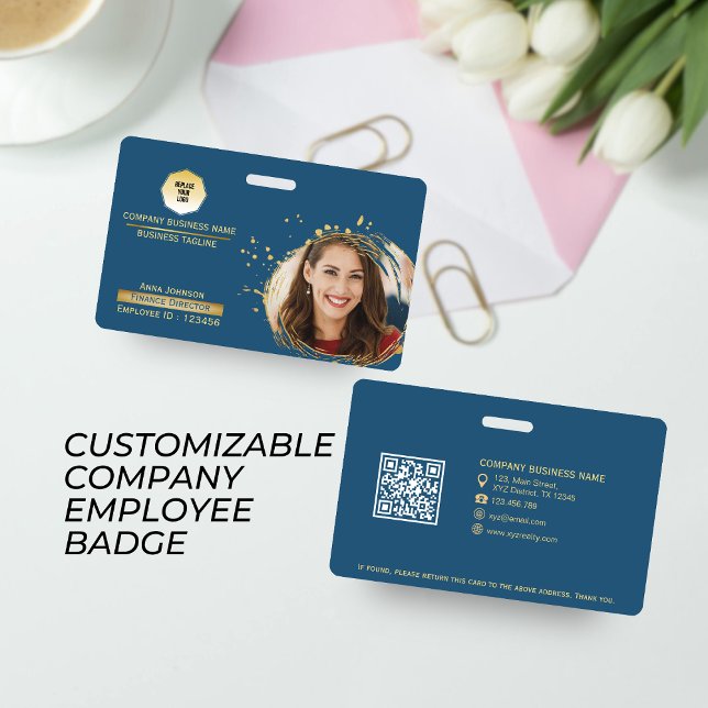 Gold & Blue Company Employee QR Code, Photo & Logo ID Badge (Creator Uploaded)