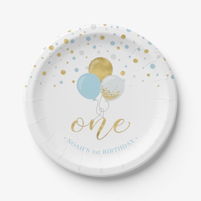 Gold & Blue Confetti Balloons 1st Birthday Party Paper Plate (Front)