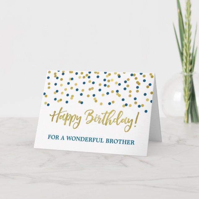 Gold Blue Confetti Brother Birthday Card (Front)