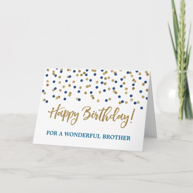 Gold Blue Confetti Brother Birthday Card (Front)