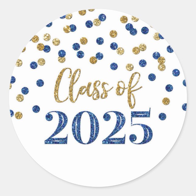 Gold Blue Confetti Graduation 2025 Classic Round Sticker (Front)