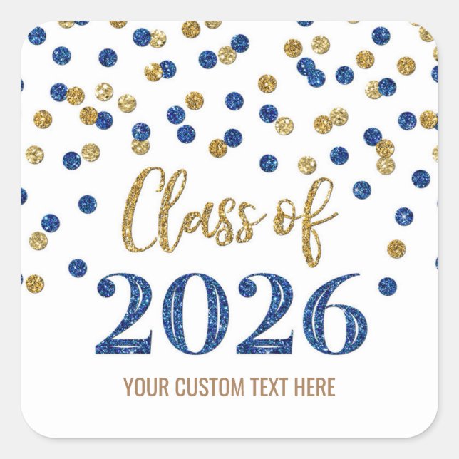 Gold Blue Confetti Graduation 2026 Square Sticker (Front)