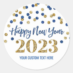 Gold Blue Confetti Happy New Year 2023  Classic Round Sticker