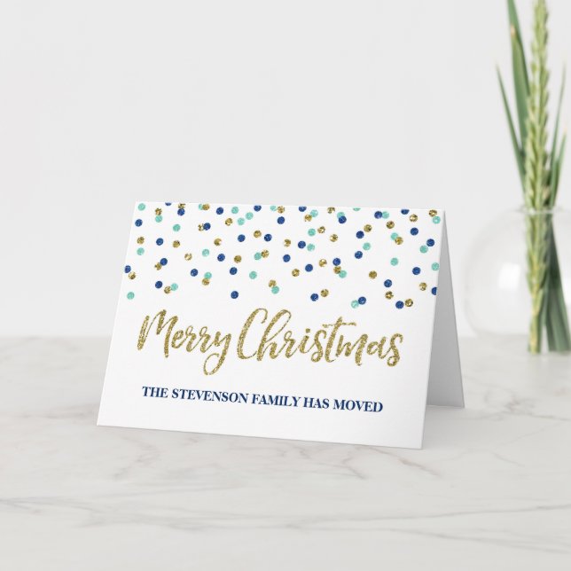 Gold Blue Confetti Merry Christmas New Address Holiday Card (Front)
