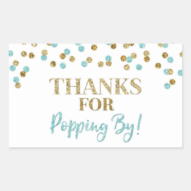 Gold Blue Confetti Thanks for Popping By Rectangular Sticker (Front)
