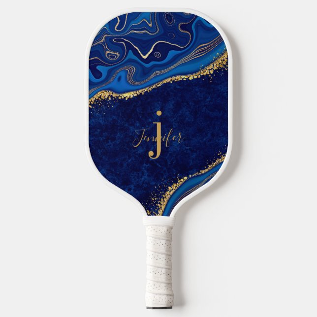 Gold Blue Custom Name Monogram Pickleball Paddle (Front)