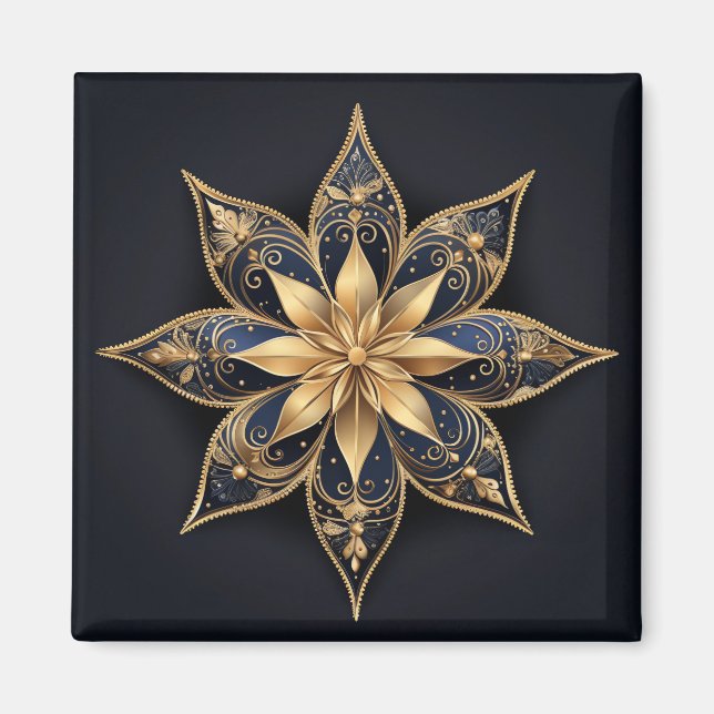 Gold Blue Decorative Flower Holiday Magnet (Front)