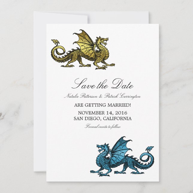Gold Blue Dragon Save the Date Invite (Front)
