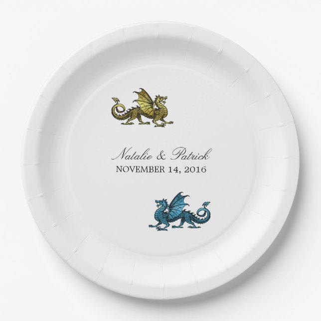 Gold Blue Dragon Wedding Paper Plates (Front)