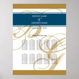 Gold Blue Elegant Monogram Wedding Seating Chart
