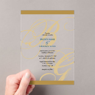 Gold Blue Elegant Script Monogram Wedding Acrylic Invitations