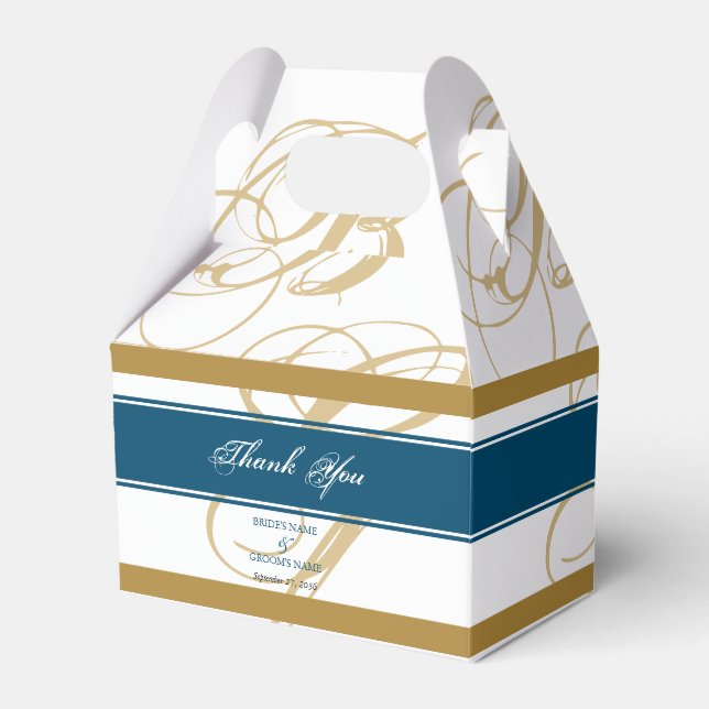 Gold Blue Elegant Script Monogram Wedding  Favour Box (Front Side)