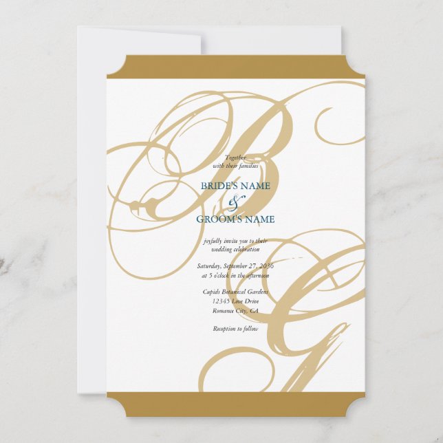Gold Blue Elegant Script Monogram Wedding  Invitation (Front)