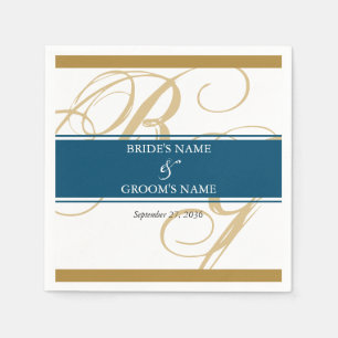 Gold Blue Elegant Script Monogram Wedding Napkin