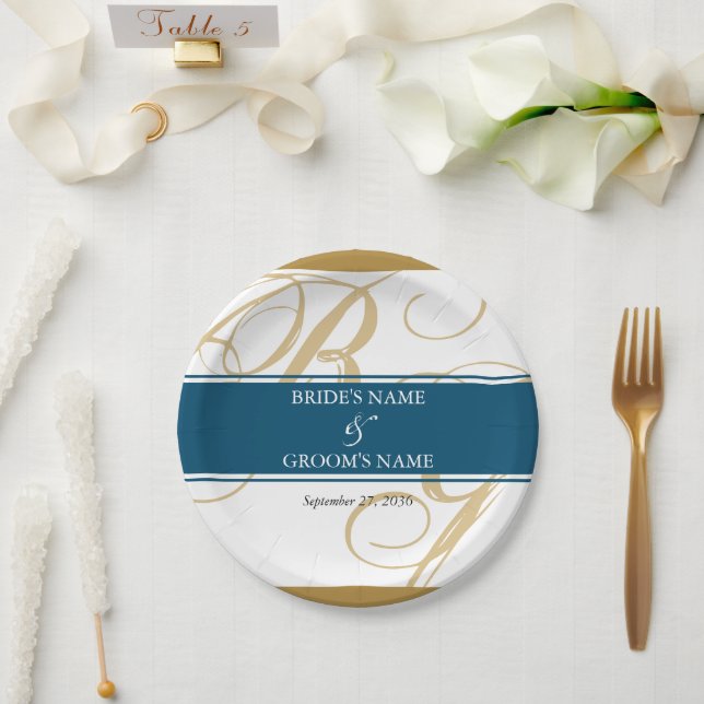 Gold Blue Elegant Script Monogram Wedding  Paper Plate (Wedding)