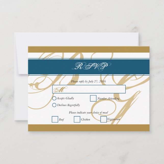 Gold Blue Elegant Script Monogram Wedding  RSVP Card (Front)
