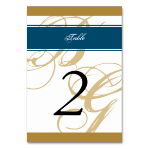 Gold Blue Elegant Script Monogram Wedding   Table Number