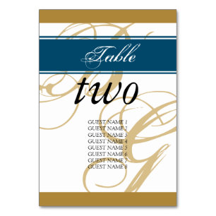 Gold Blue Elegant Script Monogram Wedding Table Number