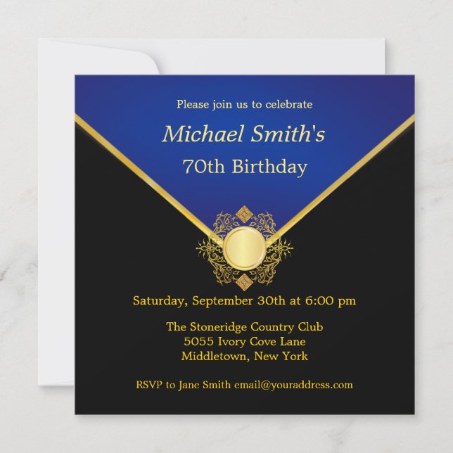 Gold Blue Emblem Elegant Birthday Party Invites (Front)
