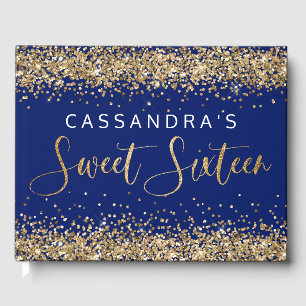 Gold Blue Faux Glitter Sweet Sixteen Guest Book