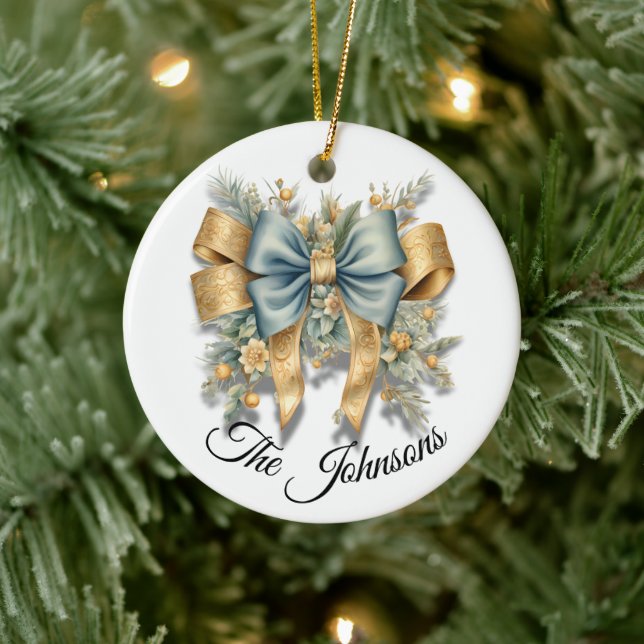 Gold & Blue Festive Bow Design - Custom Ceramic Ornament (Tree)
