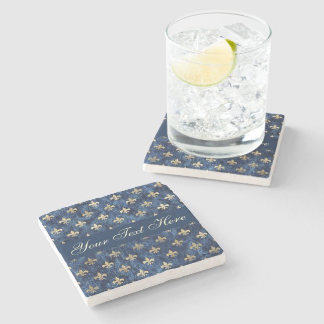 Gold Blue Fleur De Lis Custom Text Stone Coaster (Side)