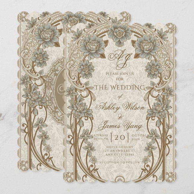 Gold Blue Floral Botanical Wedding Invitation (Front/Back)