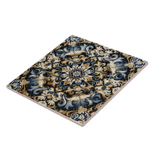 Gold & Blue Floral Design Tiles