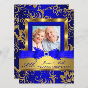 Gold Blue Floral Photo 50th Wedding Anniversary Invitation
