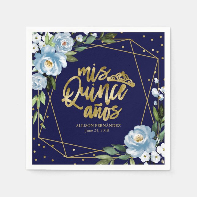 Gold Blue Floral Quinceanera Napkin (Front)
