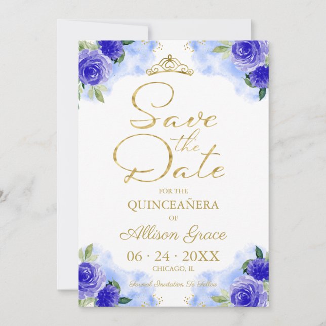 Gold Blue Floral Quinceanera Save The Date Invitation (Front)