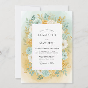 Gold Blue Floral Romance Wedding Invitation