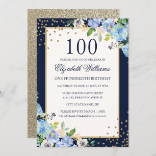 Gold Blue floral Sparkle 100th Birthday Invitation