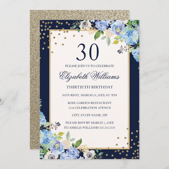 Gold Blue floral Sparkle 30th Birthday Invitation (Front/Back)