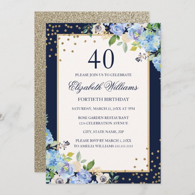 Gold Blue floral Sparkle 40th Birthday Invitation (Front/Back)