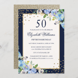 Gold Blue floral Sparkle 50th Birthday Invitation
