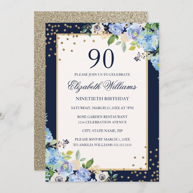Gold Blue floral Sparkle 90th Birthday Invitation (Front/Back)