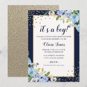 Gold Blue floral Sparkle Boy Baby Shower Invite