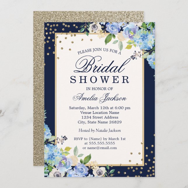 Gold Blue floral Sparkle Bridal Shower Invitation (Front/Back)