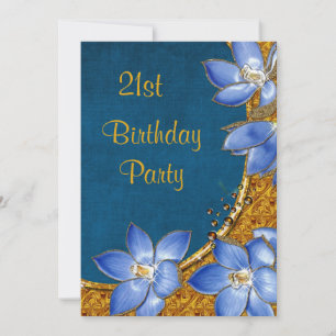 Gold & Blue Flowers 21st Birthday Invitation