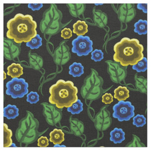 Gold/blue flowers/green leaves/Folk  floral/black Fabric