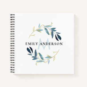 GOLD BLUE FOLIAGE WATERCOLOR WREATH MONOGRAM NOTEBOOK