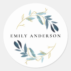GOLD BLUE FOLIAGE WATERCOLOR WREATH PROFESSIONAL CLASSIC ROUND STICKER