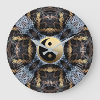 Gold Blue Fractal Tapestry with Yin Yang Symbol Large Clock