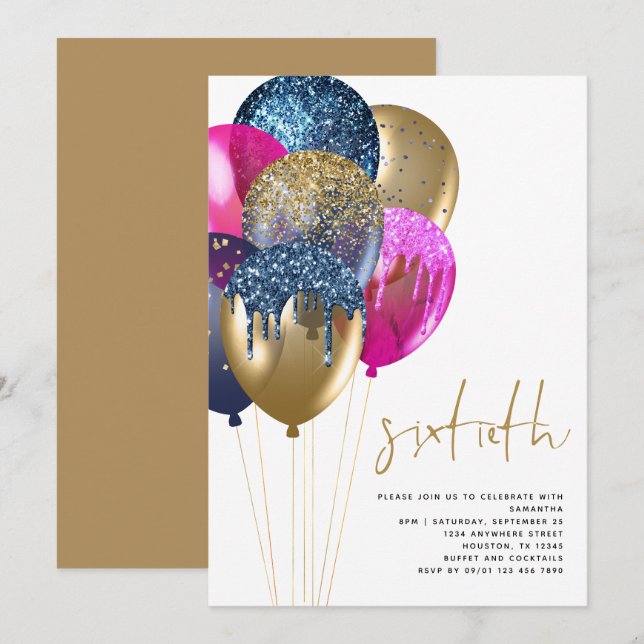 Gold Blue Fuchsia Glitter Balloons 60th Birthday Invitation (Front/Back)