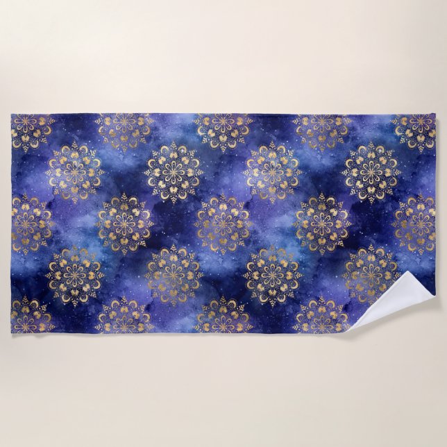Gold & Blue Galaxy Dharma Mandala Pattern Beach Towel (Front)