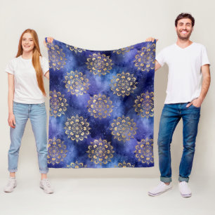 Gold & Blue Galaxy Dharma Mandala Pattern Fleece Blanket