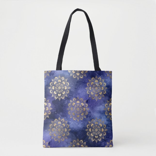 Gold & Blue Galaxy Dharma Mandala Pattern Tote Bag (Front)